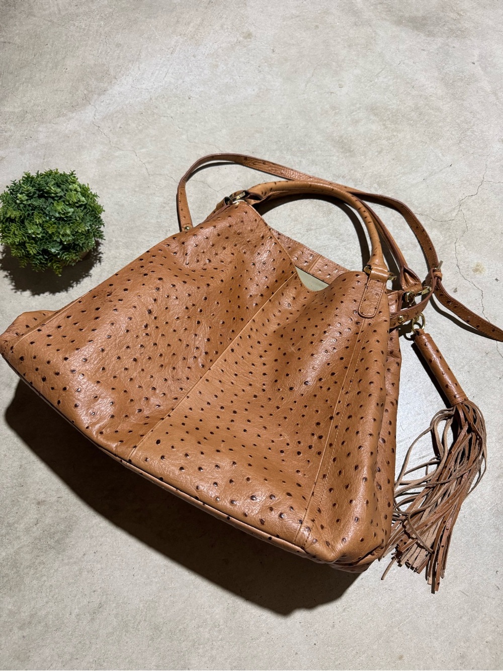 GILI Ostrich Leather Bag Brown Overnight Weekender Duffel Shoulder Tassel